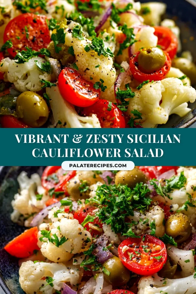 Sicilian Cauliflower Salad (The Best Authentic Recipe) 5 A vibrant Sicilian Cauliflower Salad in a white serving bowl, showcasing the colorful mix of cauliflower, olives, and raisins. The perfect authentic Italian side dish.