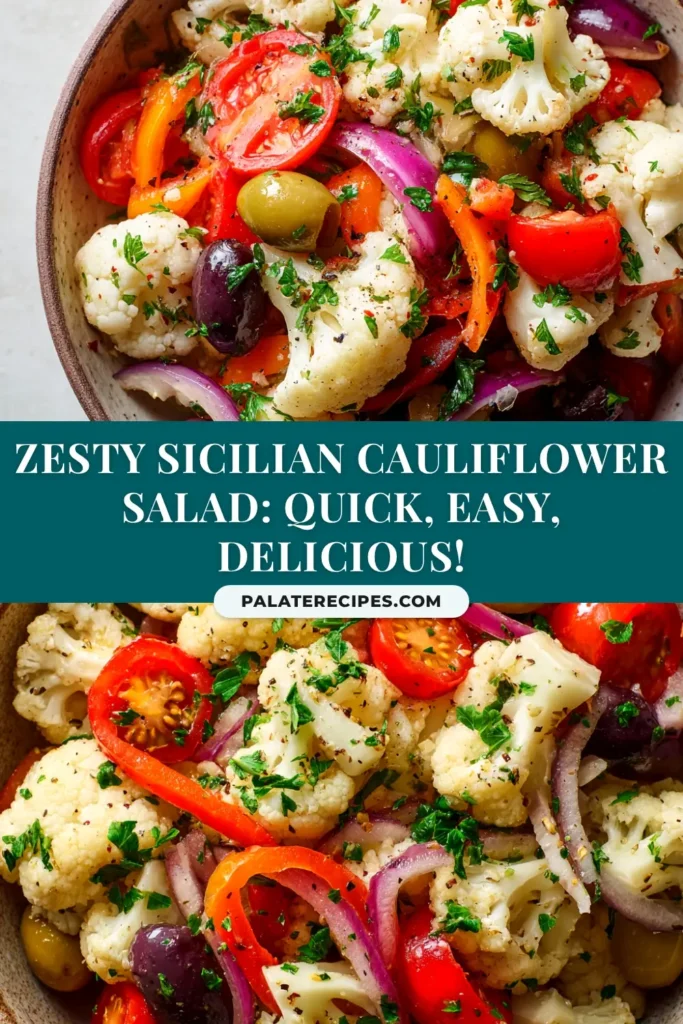Sicilian Cauliflower Salad (Authentic & Easy Recipe) 5 A large white bowl filled with Sicilian Cauliflower Salad, showing tender florets, red onion, and olives in a light vinaigrette, ready to be served.