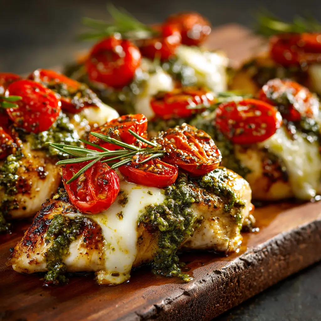 A rustic skillet filled with several baked pesto chicken breasts, garnished with fresh basil leaves. A perfect visual for a family-style meal.