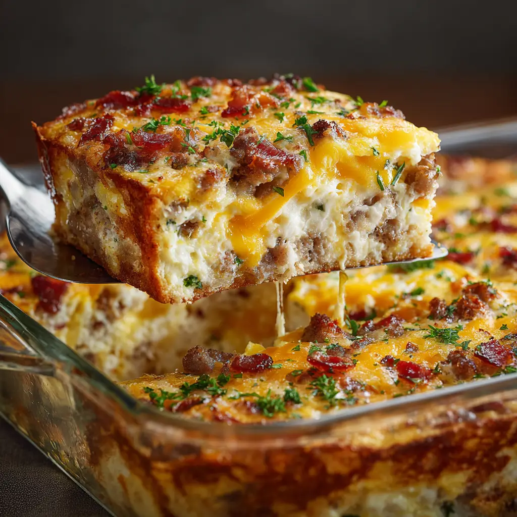 Crack Breakfast Casserole (The Ultimate Crowd-Pleaser) 2 A slice of the cheesy bacon breakfast casserole on a white plate, garnished with fresh green onions.