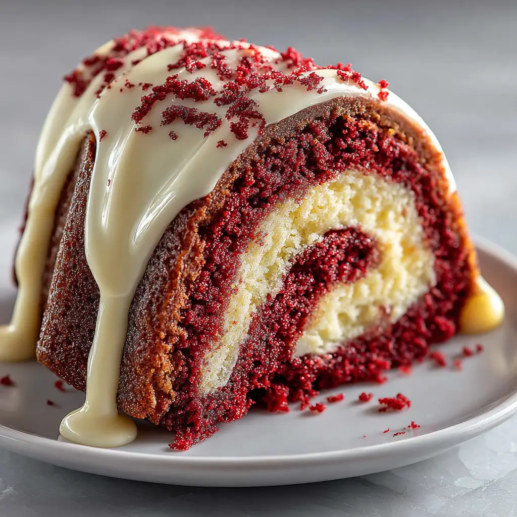 Red Velvet Cheesecake Bundt Cake: A Decadent Duo 3 A single slice of Red Velvet Cheesecake Bundt Cake on a dessert plate, showing the distinct layers of red velvet cake and the creamy cheesecake swirl.