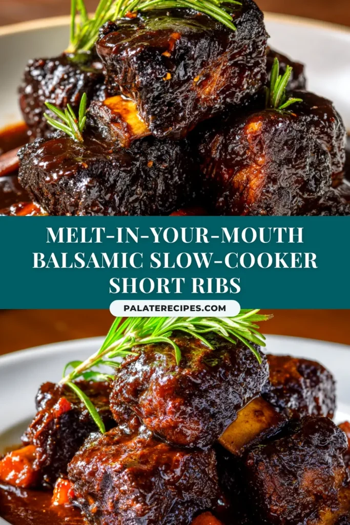 A close-up of tender Slow Cooker Balsamic Short Ribs in a white bowl, garnished with fresh herbs. The rich, dark balsamic glaze glistens on the fall-off-the-bone meat.