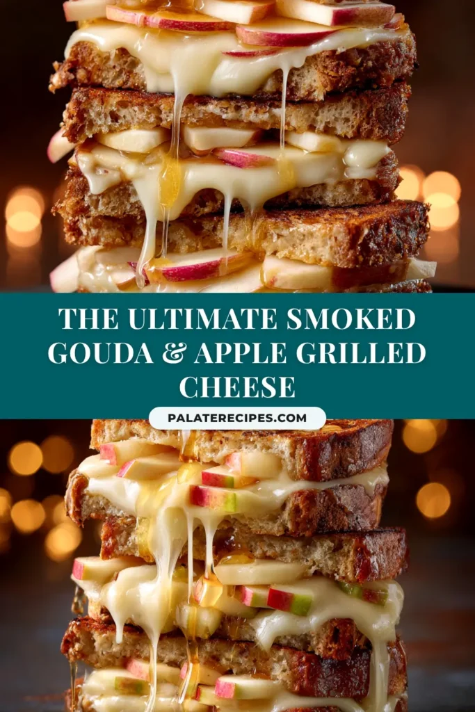 A delicious Smoked Gouda Apple Grilled Cheese sandwich cut in half to show the gooey, melted cheese and crisp apple slices inside. The perfect gourmet lunch recipe.