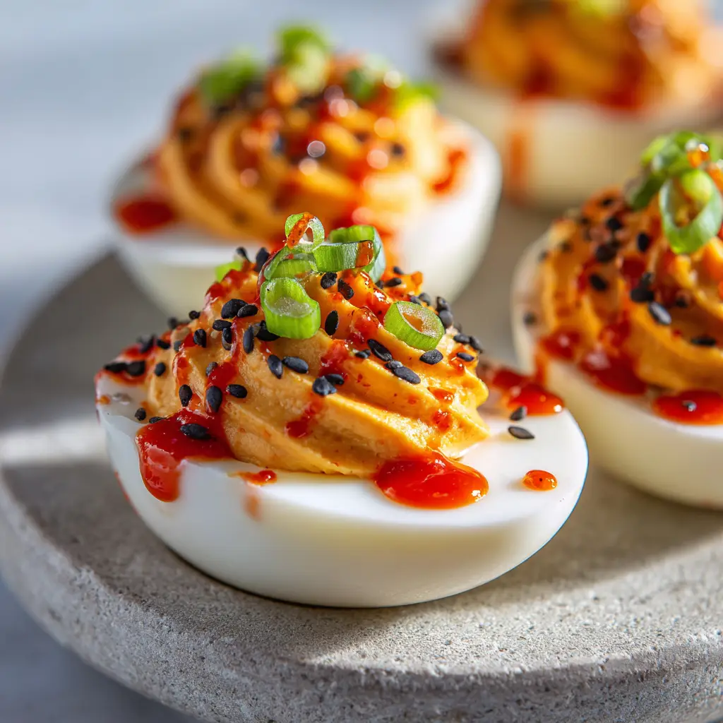 Gochujang Deviled Eggs: A Spicy Twist on a Classic Appetizer 2 A plate of spicy Gochujang Deviled Eggs ready to be served as an appetizer.