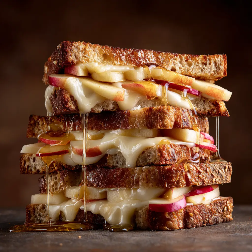 Two halves of a Smoked Gouda Apple Grilled Cheese stacked, revealing the delicious interior layers. The bread is perfectly toasted and golden.
