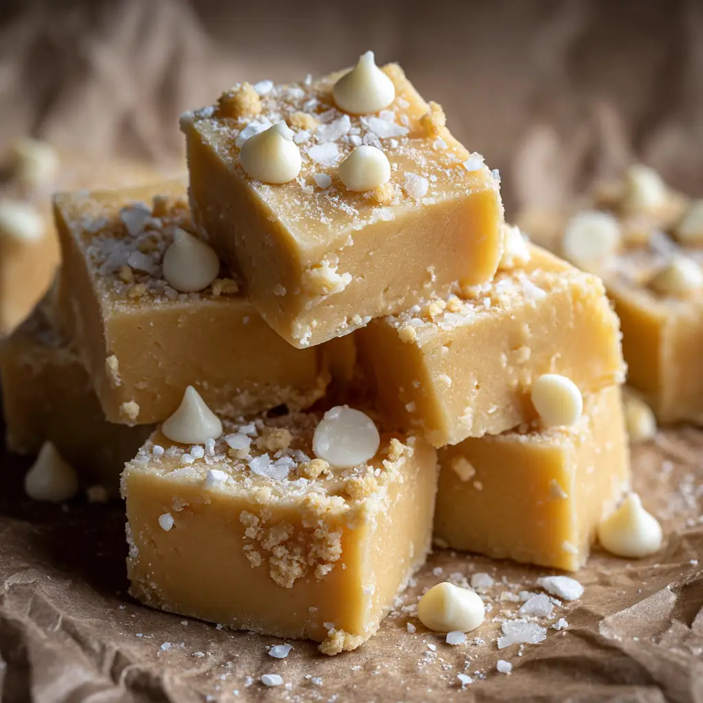 Banana Fudge: The Easiest, Creamiest Recipe 2 A side-view of stacked banana fudge pieces, showing the thick and dense texture of the homemade candy.