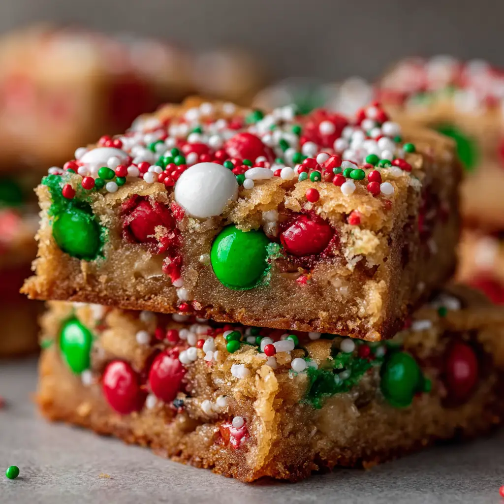Christmas Cookie Bars: The Easiest Festive Treat 2 A stack of three festive bar cookies with frosting and holiday sprinkles, emphasizing the thickness of each bar.