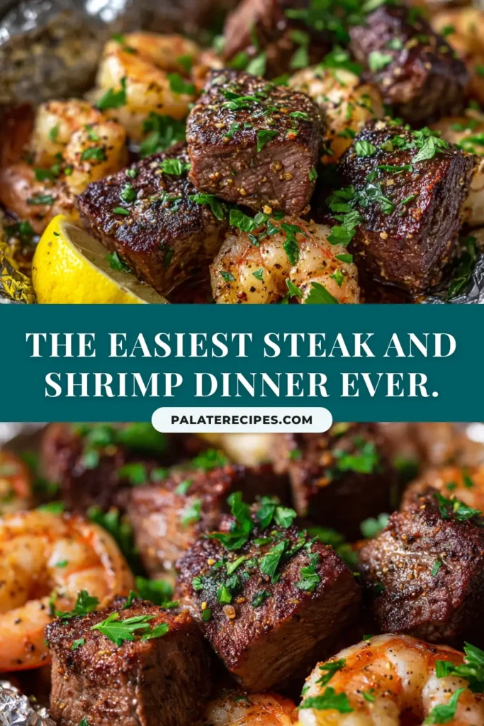 Steak and Shrimp Foil Packets: The Ultimate No-Fuss Dinner 5 An overhead shot of delicious Steak and Shrimp Foil Packets, opened to show juicy steak, pink shrimp, and tender vegetables in a garlic butter sauce.