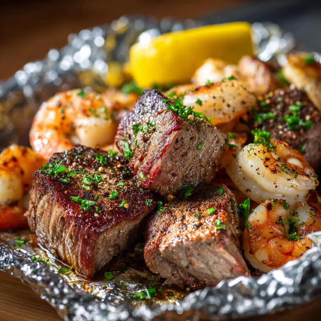 Steak and Shrimp Foil Packets: The Ultimate No-Fuss Dinner 3 The ingredients for steak and shrimp foil packets laid out, including cubed sirloin, raw shrimp, chopped vegetables, and a bowl of garlic butter sauce.