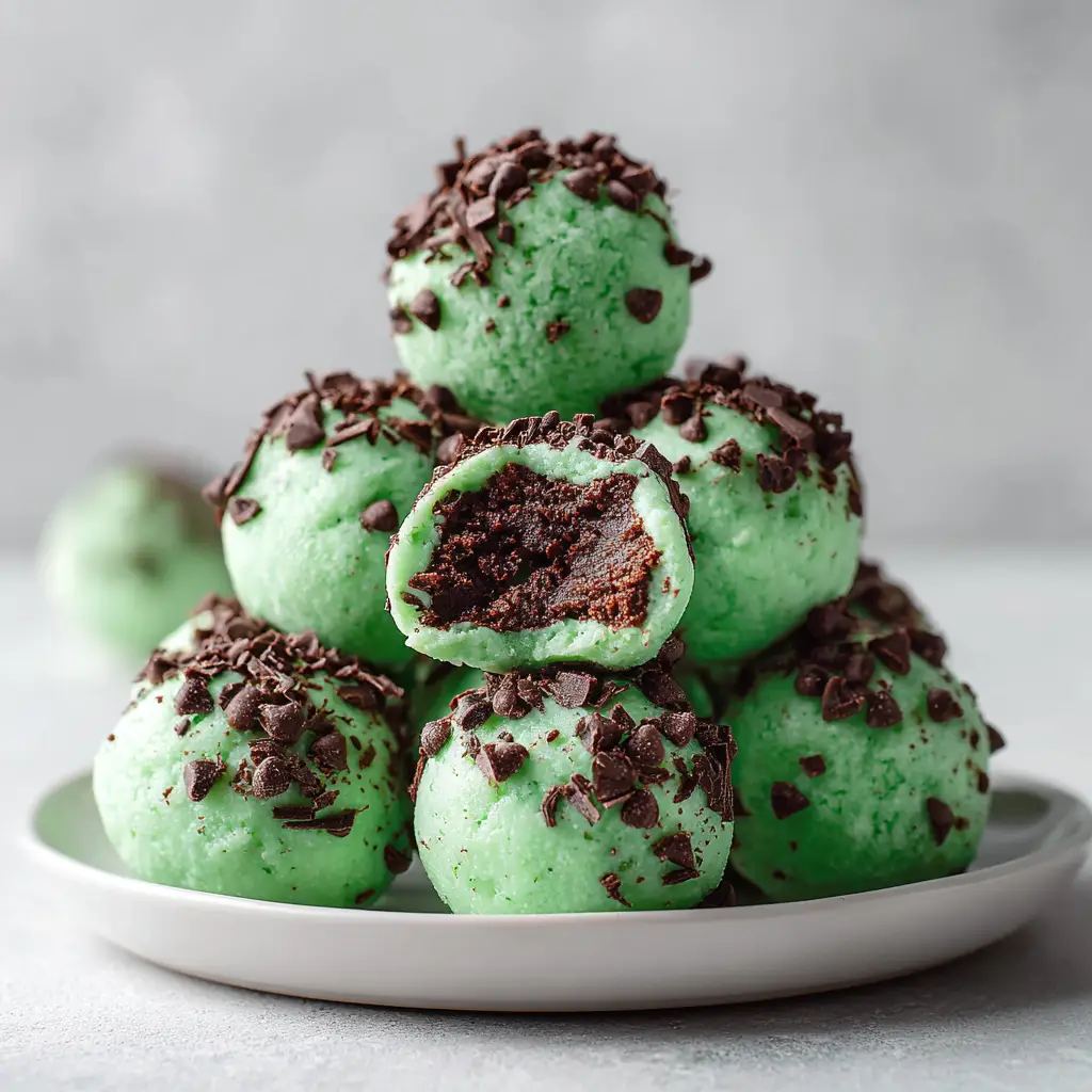 A batch of freshly made mint chocolate chip protein balls stored in an airtight container for weekly meal prep.