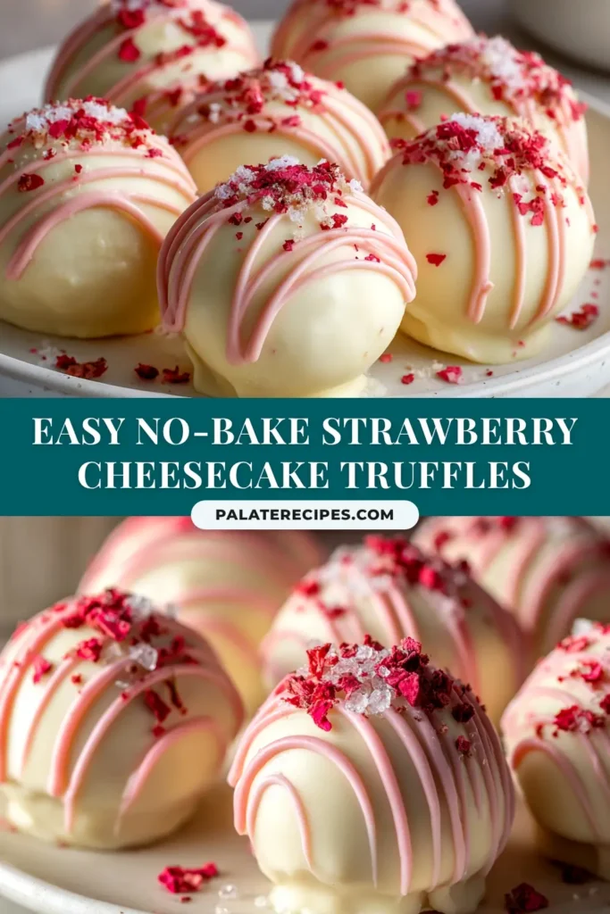 A close-up shot of several Strawberry Cheesecake Truffles on a plate, with one cut in half to show the pink cheesecake filling.