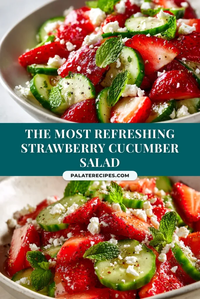Strawberry Cucumber Salad (The Only Recipe You Need) 4 An overhead shot of a vibrant strawberry cucumber salad in a white bowl, topped with feta cheese and fresh mint. The perfect refreshing summer salad recipe.