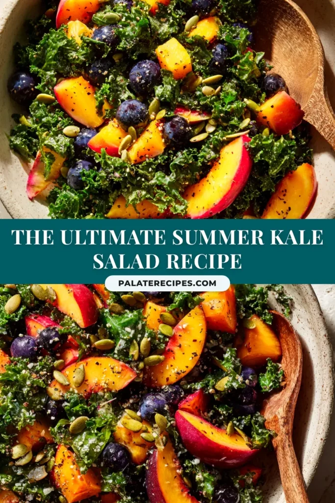 Summer Kale Salad with Lemon-Tahini Dressing 4 A large white bowl filled with a vibrant Summer Kale Salad with strawberries, avocado, and almonds, drizzled with a creamy lemon-tahini dressing.