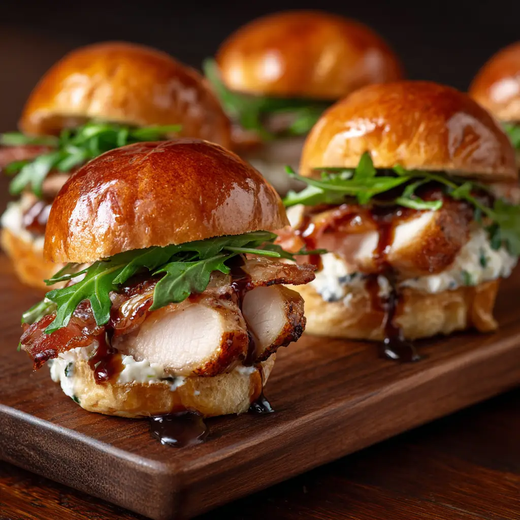 Maple Chicken Bacon Sliders: Sweet, Savory & Irresistible! 3 An extreme close-up of a single sweet and savory chicken slider, showing the layers of chicken, bacon, and melted provolone cheese on a soft Hawaiian roll.