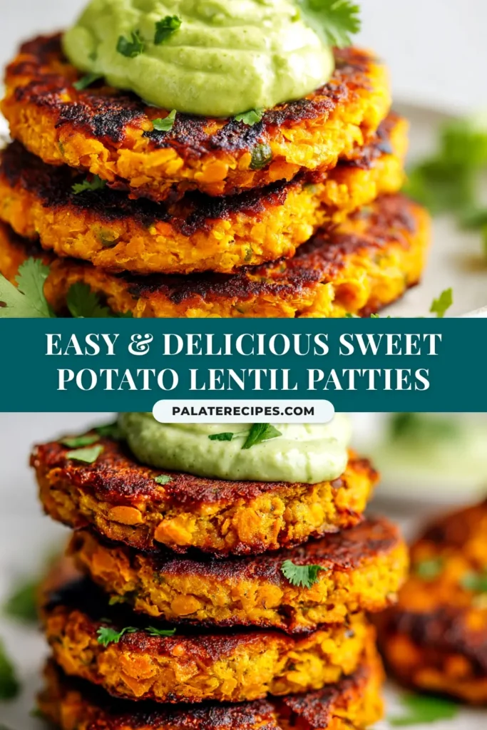 Sweet Potato Lentil Patties (That Won't Fall Apart!) 5 An overhead shot of several golden-brown Sweet Potato Lentil Patties on a plate, garnished with fresh parsley and served with a creamy dipping sauce. The patties are perfectly formed and look delicious.