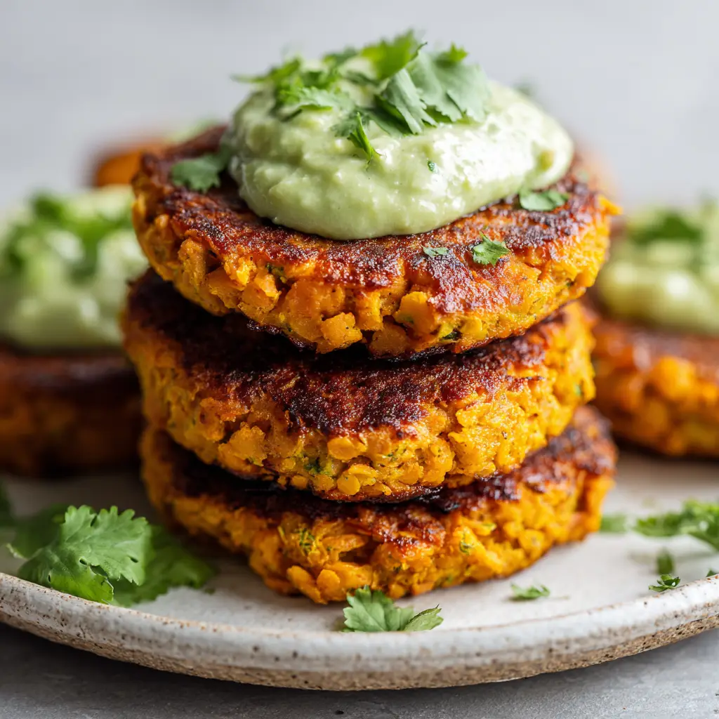Sweet Potato Lentil Patties (That Won't Fall Apart!) 3 A stack of three homemade sweet potato lentil patties, showing their crispy exterior and tender interior. A dollop of yogurt sauce is on top, with fresh herbs scattered around on a rustic plate.