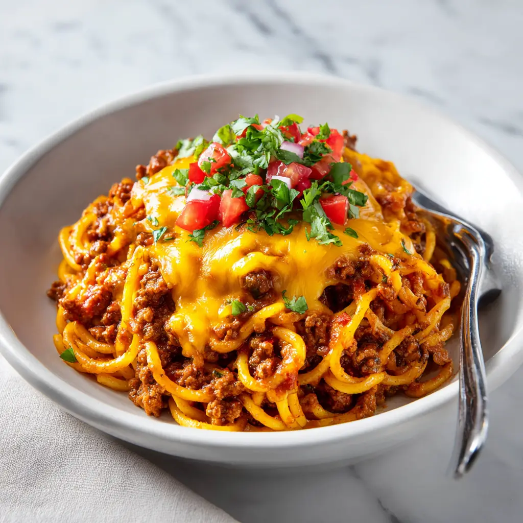 Taco Spaghetti: The Ultimate Weeknight Dinner Mashup 2 The ingredients for Taco Spaghetti laid out, including ground beef, spaghetti, cheese, taco seasoning, and canned tomatoes.