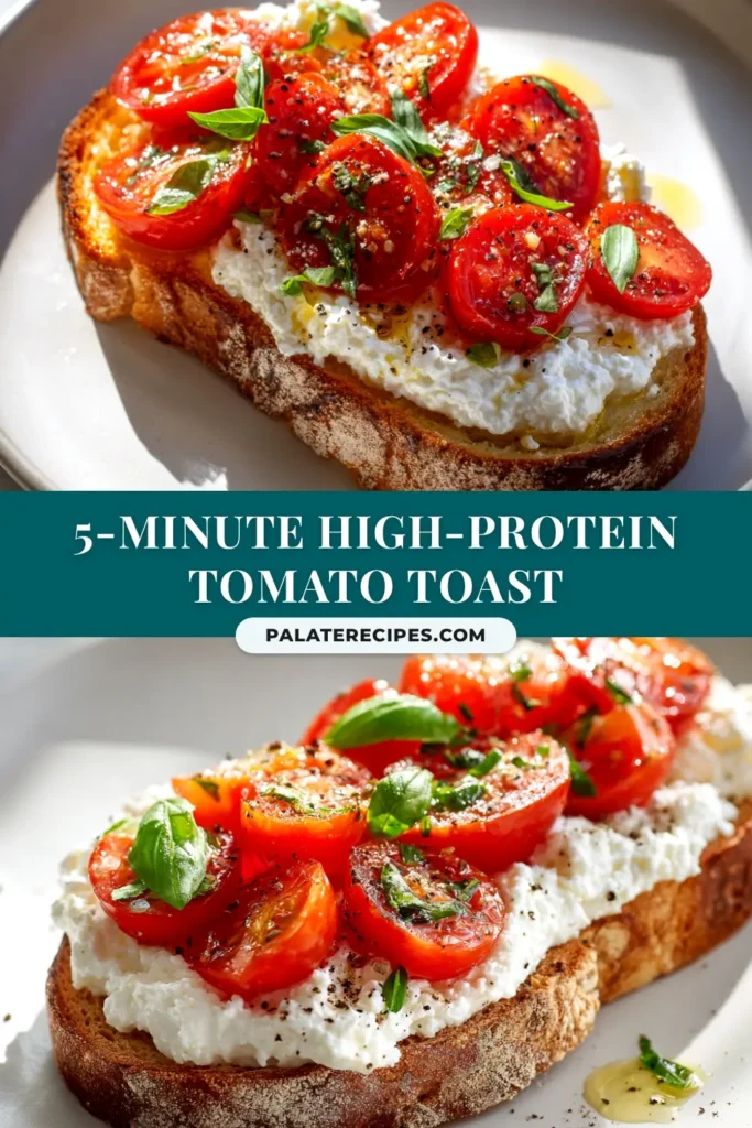 An overhead shot of Tomato and Cottage Cheese Toast on a rustic plate. The toast is topped with creamy cottage cheese, bright red cherry tomatoes, and fresh basil.