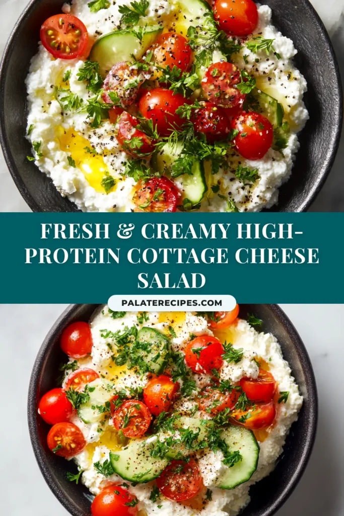 A bright and fresh Tomato Cucumber Cottage Cheese salad in a white bowl, topped with fresh dill. A perfect healthy high-protein lunch idea.
