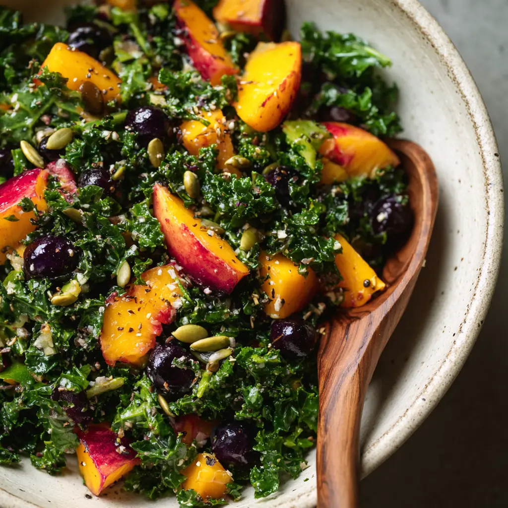 Summer Kale Salad with Lemon-Tahini Dressing 2 A large bowl of Summer Kale Salad being tossed with a creamy lemon-tahini dressing, showing the texture of the massaged kale and fresh toppings.