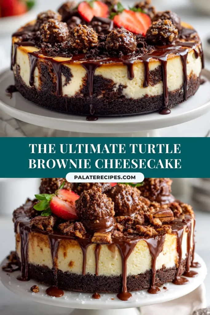 An irresistible slice of Turtle Brownie Cheesecake on a white plate, showcasing its fudgy brownie base, creamy cheesecake layer, and generous topping of caramel, pecans, and chocolate drizzle.