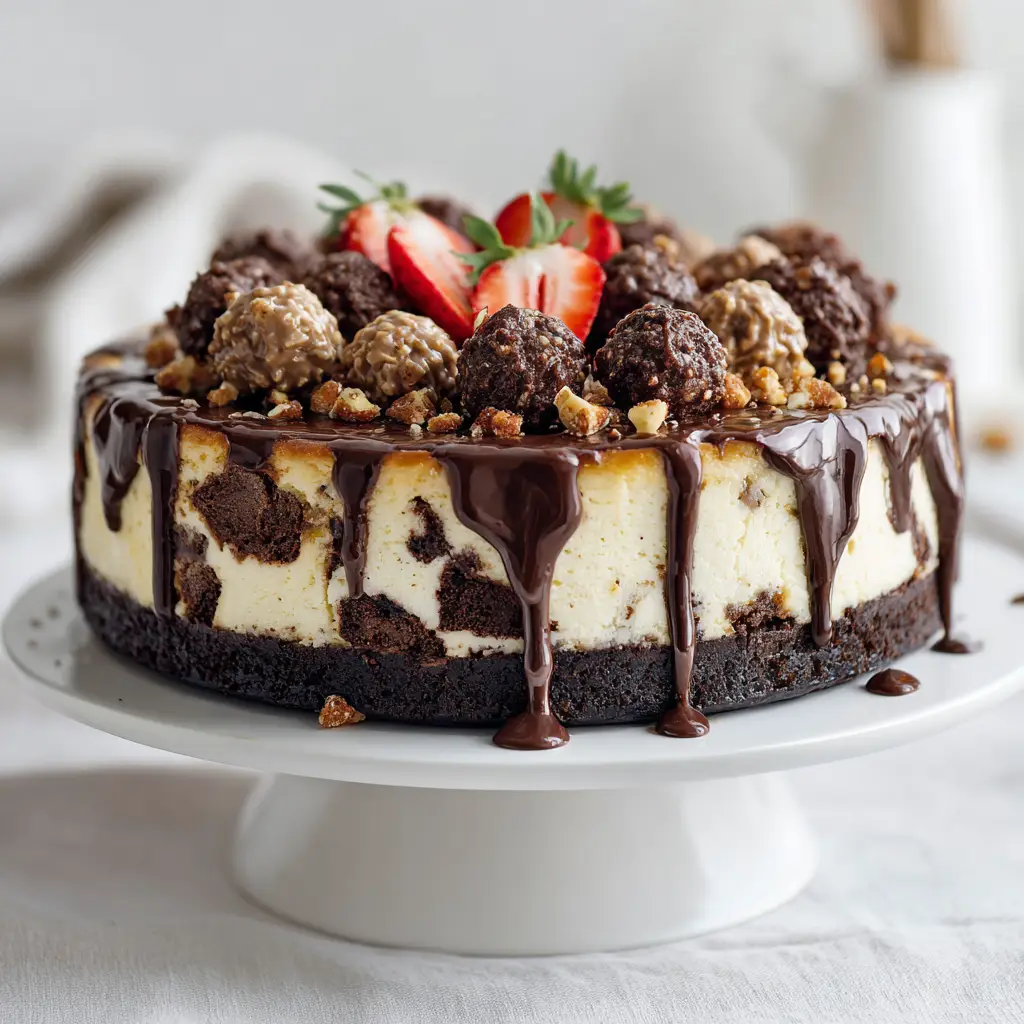 A close-up overhead shot of the Turtle Brownie Cheesecake, focusing on the texture of the caramel, pecans, and chocolate topping.