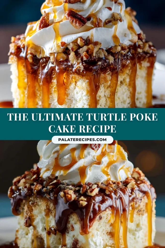 A delicious slice of Turtle Poke Cake on a white plate, showing layers of chocolate cake, caramel filling, and whipped topping, drizzled with chocolate and caramel sauce and sprinkled with pecans.