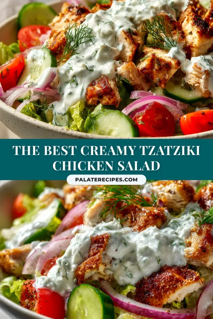 Tzatziki Chicken Salad: A Creamy, Refreshing Recipe 4 A large white bowl filled with creamy tzatziki chicken salad, garnished with fresh dill. This easy Greek-inspired recipe is perfect for a healthy and refreshing lunch.