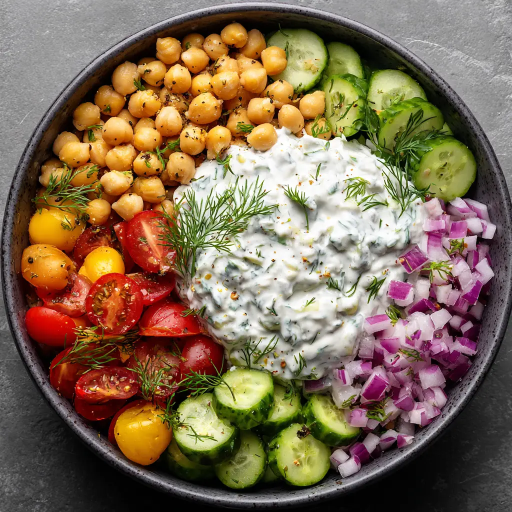 Tzatziki Chickpea Salad (The Ultimate Refreshing Recipe) 3 A close-up overhead shot of the fresh ingredients for Tzatziki Chickpea Salad arranged in a bowl before mixing.
