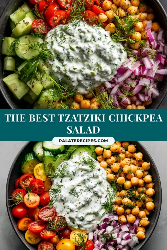 Tzatziki Chickpea Salad (The Ultimate Refreshing Recipe) 5 A large white bowl filled with Tzatziki Chickpea Salad, topped with fresh dill and feta. The perfect healthy and easy meal prep idea.