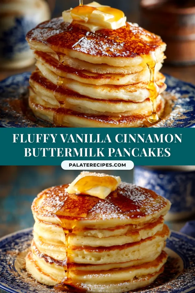 Vanilla Cinnamon Buttermilk Pancakes: The Fluffiest Recipe 4 A tall stack of fluffy Vanilla Cinnamon Buttermilk Pancakes on a white plate, drizzled with maple syrup and topped with a pat of butter.