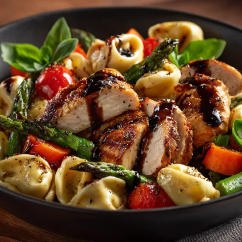 Warm Balsamic Chicken Tortellini Salad