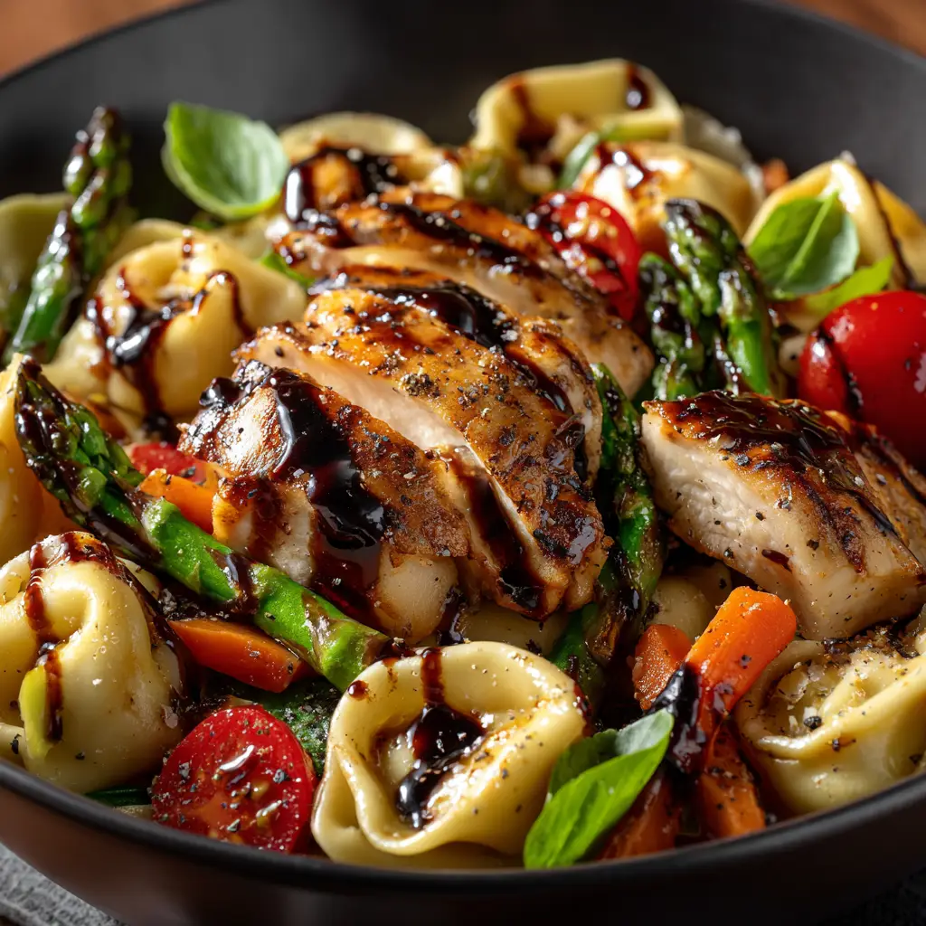 A serving of the warm tortellini salad on a fork, illustrating the perfect bite with a piece of tortellini, chicken, tomato, and spinach.