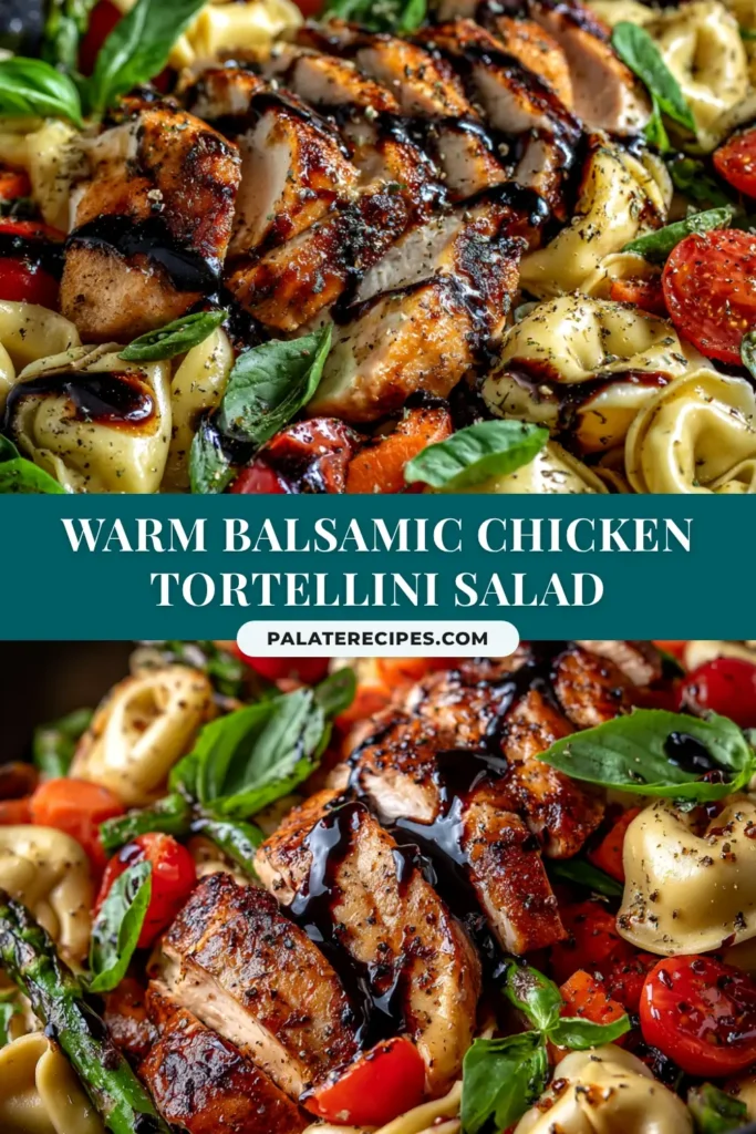 A beautiful overhead shot of a warm balsamic chicken tortellini salad in a white bowl, ready to be served. The salad features cheese tortellini, grilled chicken, cherry tomatoes, spinach, and feta cheese, all tossed in a rich balsamic vinaigrette.