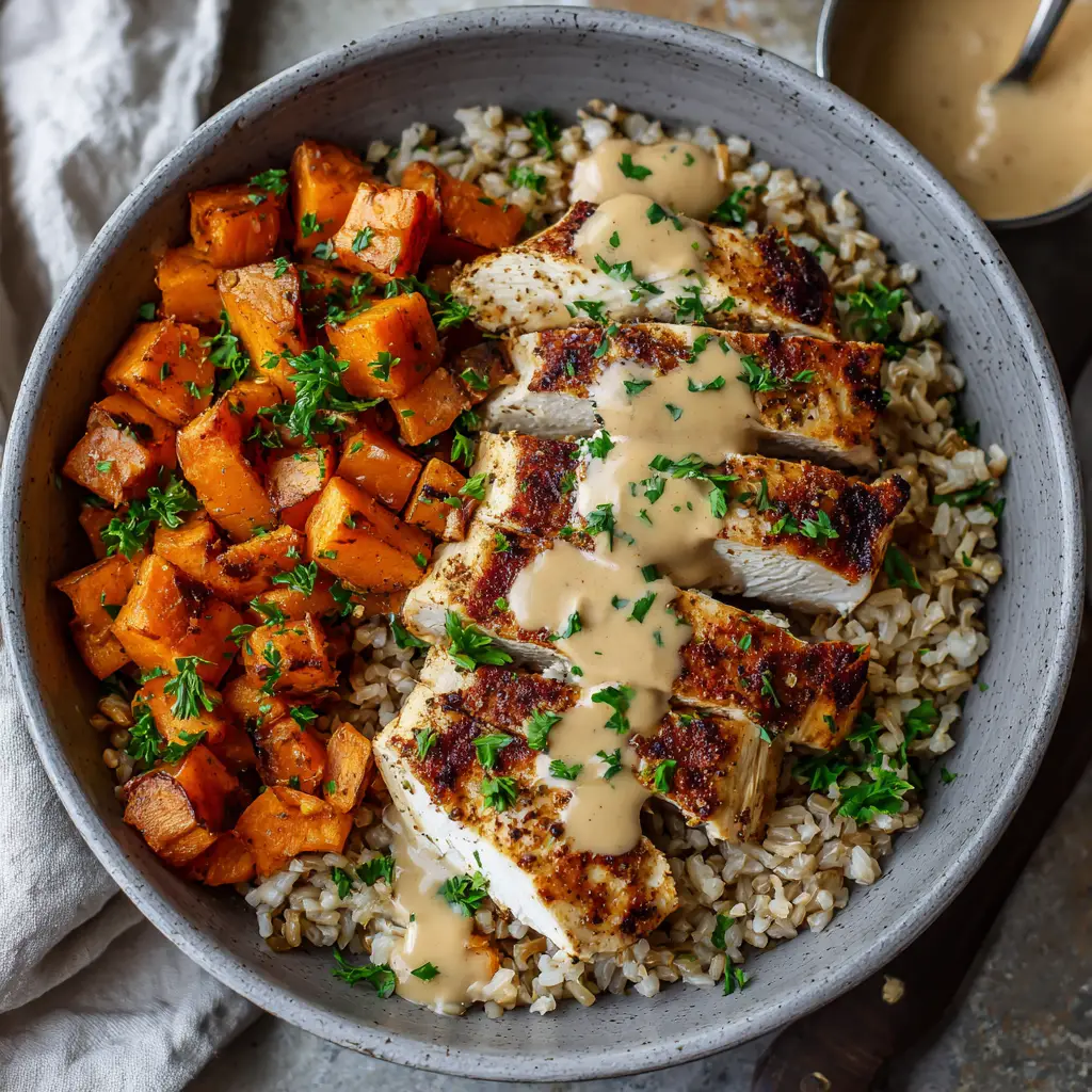 Chicken and Sweet Potato Rice Bowl: Your New Weeknight Favorite 2 A beautiful serving of the chicken and sweet potato rice bowl, garnished with fresh cilantro and a lime wedge on the side.