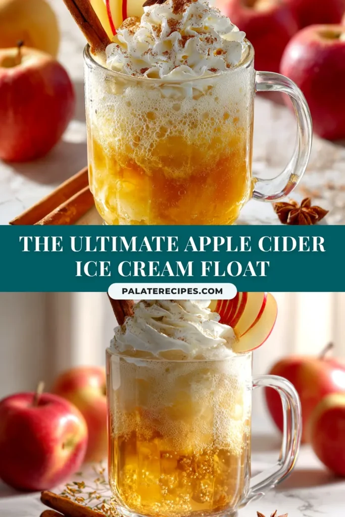 Apple Cider Float: The Perfect Cozy Fall Treat 4 A tall glass filled with an Apple Cider Float, topped with whipped cream, caramel drizzle, and a cinnamon stick, set against a cozy autumn background.