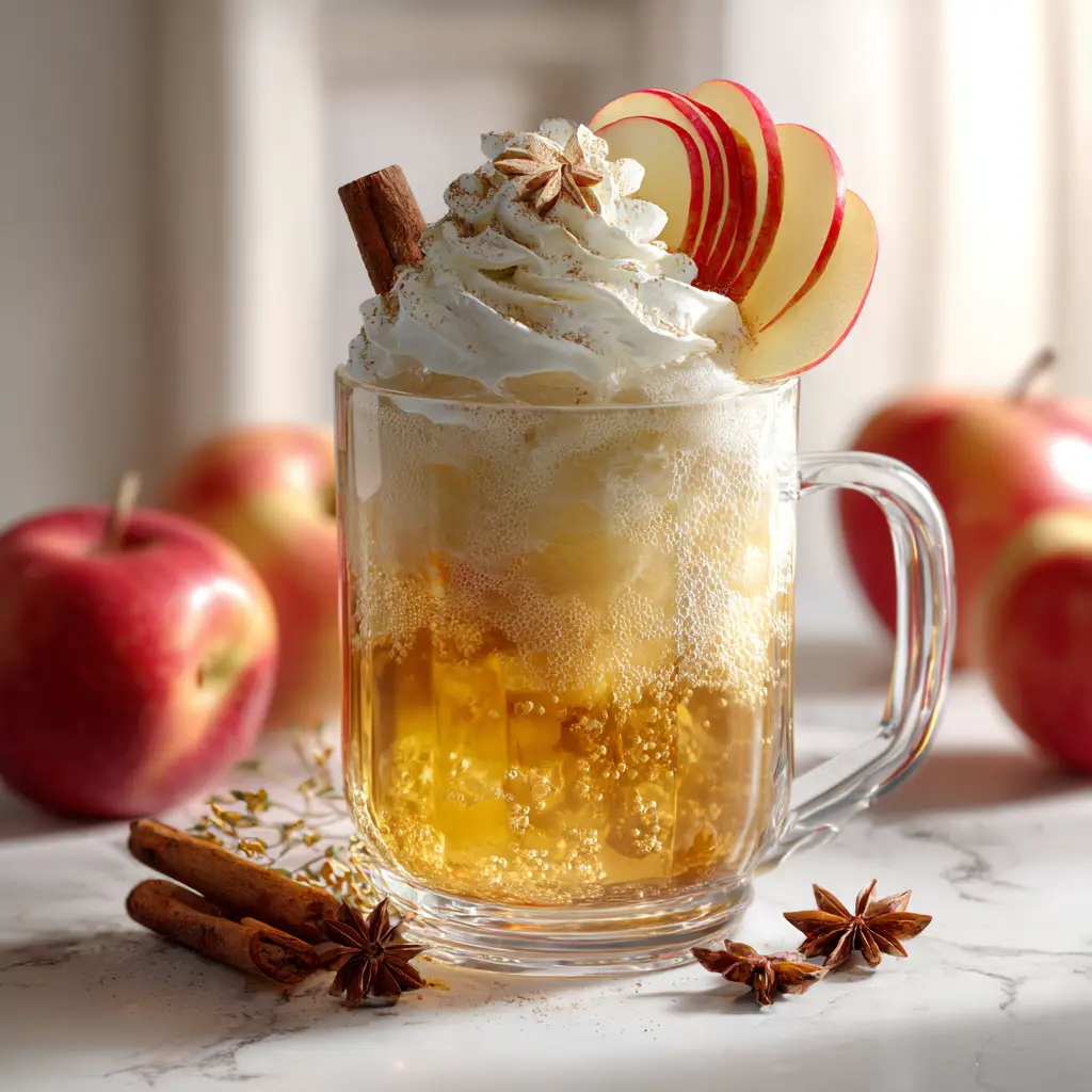 Apple Cider Float: The Perfect Cozy Fall Treat 3 Two glasses filled with creamy vanilla ice cream and apple cider, creating a frothy top, ready to be garnished for a fall dessert drink.