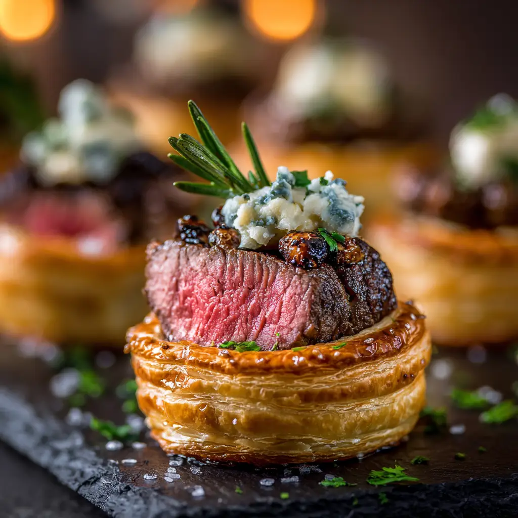 Step-by-step process of assembling Mini Beef Wellington Bites with beef tenderloin and mushroom duxelles.