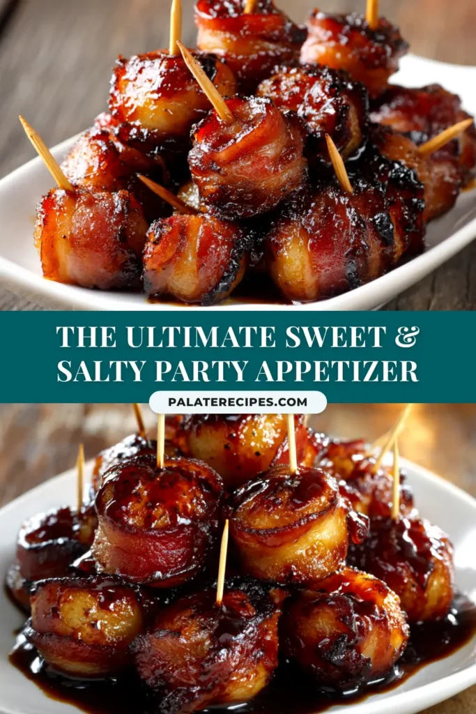 A platter of crispy, glazed bacon wrapped water chestnuts, ready to be served as a party appetizer.