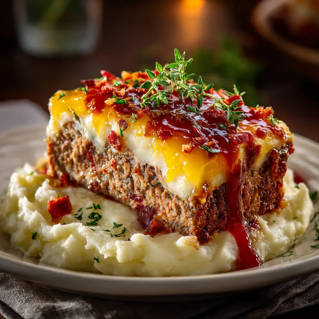 A full cheesy meatloaf loaf on a baking sheet, topped with a tangy glaze and melted cheese, ready for slicing.