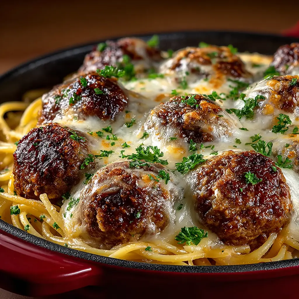 Baked Spaghetti and Meatballs (The Ultimate Comfort Casserole) 2 A hearty serving of the spaghetti and meatball casserole in a baking dish, ready to be served for a family dinner.