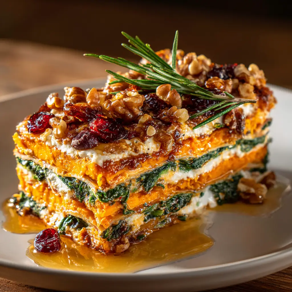 The sweet potato lasagna baking in a casserole dish, with bubbly, golden-brown melted mozzarella cheese on top. Fresh parsley is sprinkled over the top as a garnish.