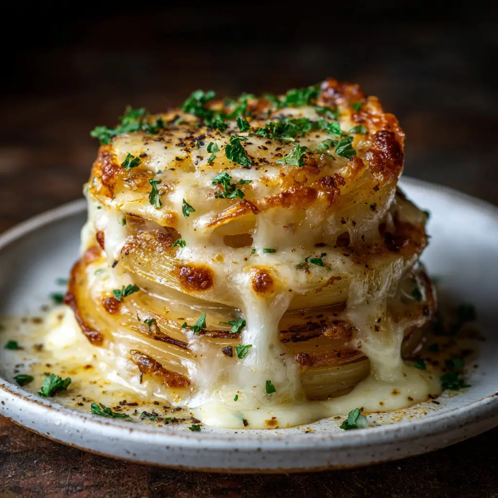 A baking dish of Tennessee Onions after the first bake, showing the tender onions ready for their crispy cheese and cracker topping.