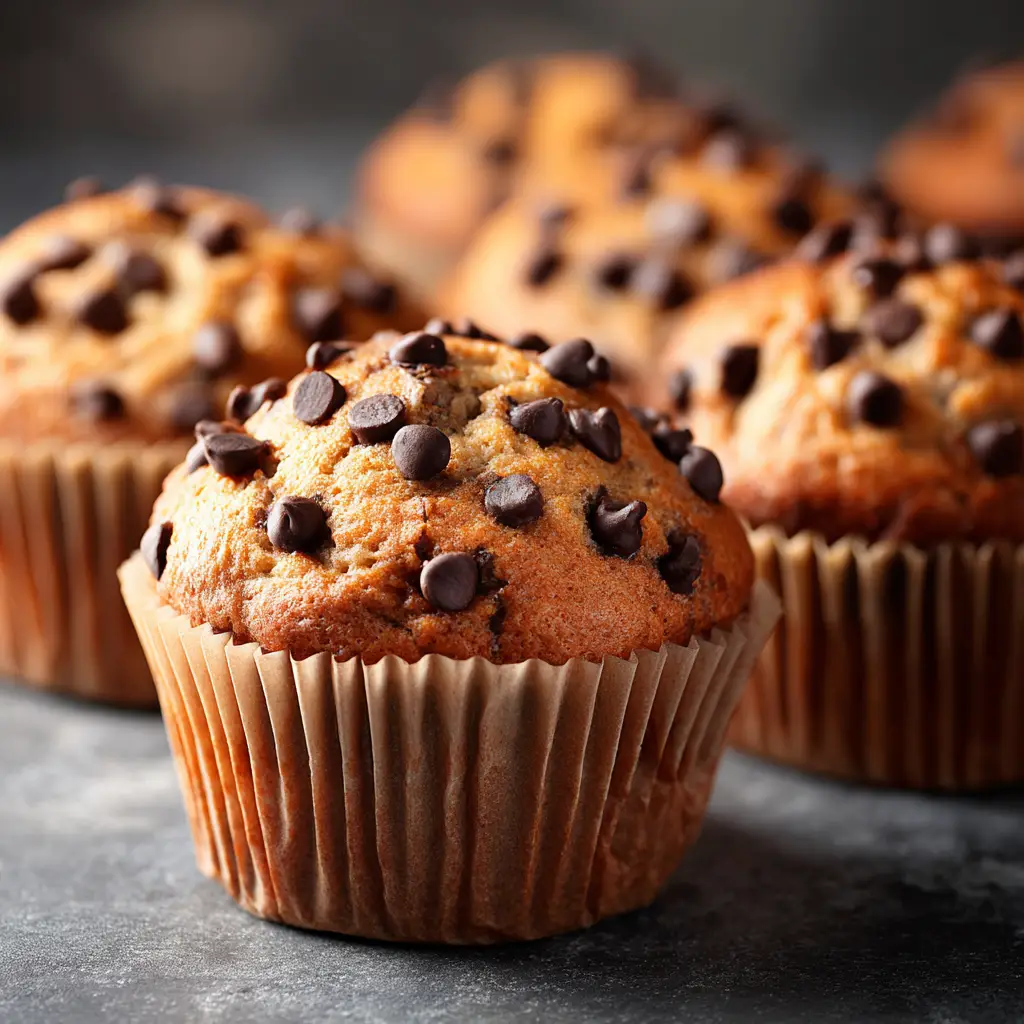 Peanut Butter Chocolate Chip Muffins (The BEST, Easiest Recipe!) 3 A close-up of a single peanut butter chocolate chip muffin with a perfectly domed top, sprinkled with chocolate chips.