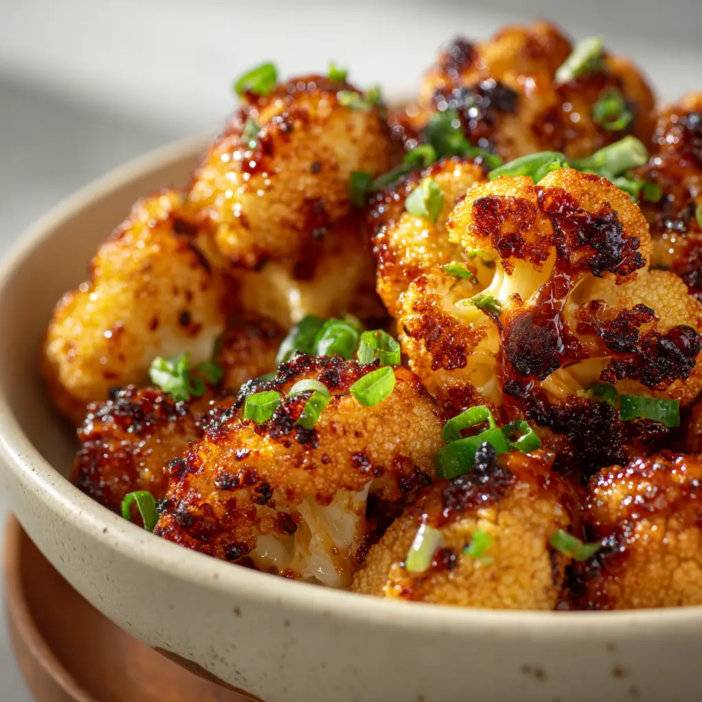 A baking sheet lined with parchment paper, showing the sweet and spicy baked cauliflower spread out before its final bake, looking glossy and delicious.