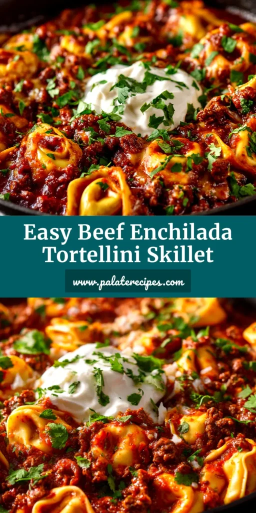 A top-down view of a skillet of cheesy beef enchilada tortellini, garnished with fresh cilantro. The perfect one-pan dinner idea for Pinterest.