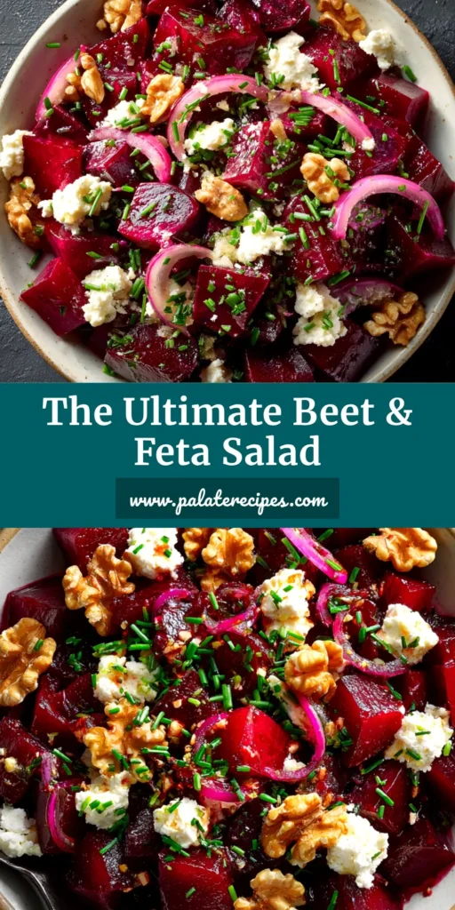 An overhead shot of a vibrant Beet and Feta Salad in a white bowl, showcasing the ruby red beets, creamy feta, and fresh greens. Perfect for a healthy and delicious meal.