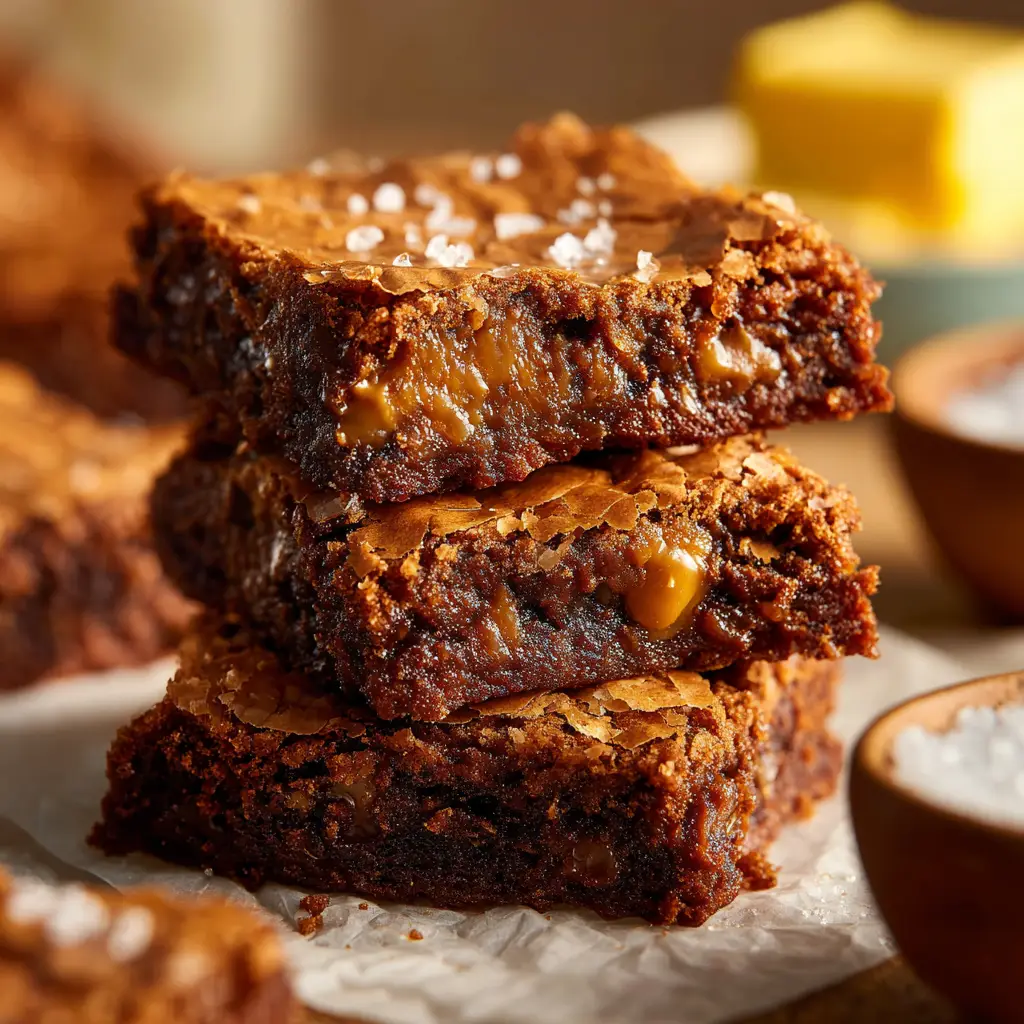 A beautiful stack of butterscotch brownies ready to be served. This showcases the final result of the chewy brownie recipe.
