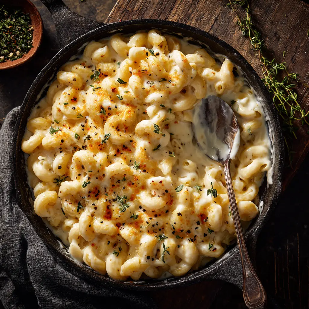 White Cheddar Mac and Cheese (The Ultimate Creamy Recipe) 2 A spoonful of creamy stovetop white cheddar mac and cheese being lifted from a bowl, showcasing the cheesy stretch.