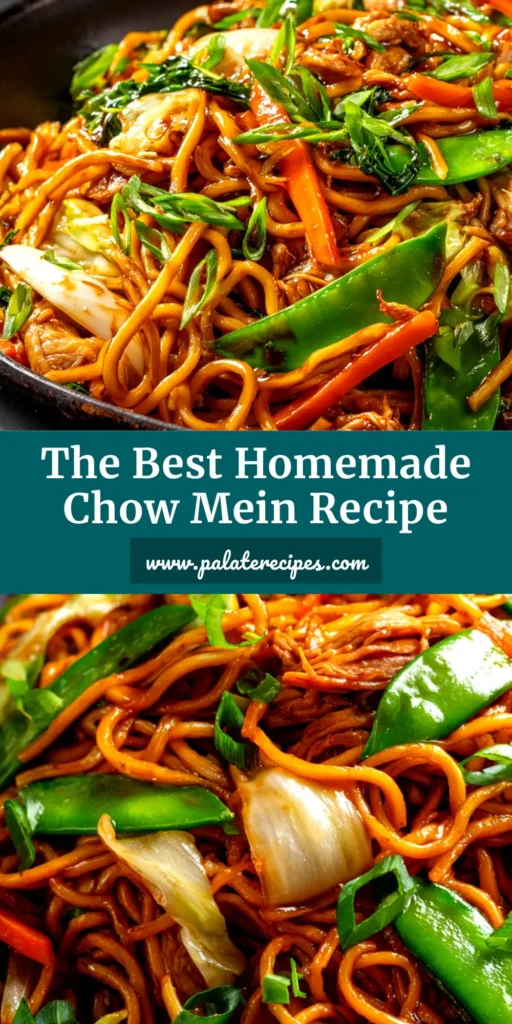 An overhead shot of a large white bowl filled with delicious homemade chicken chow mein. The Chow Mein Recipe is packed with noodles, chicken, and colorful vegetables, ready to be served.